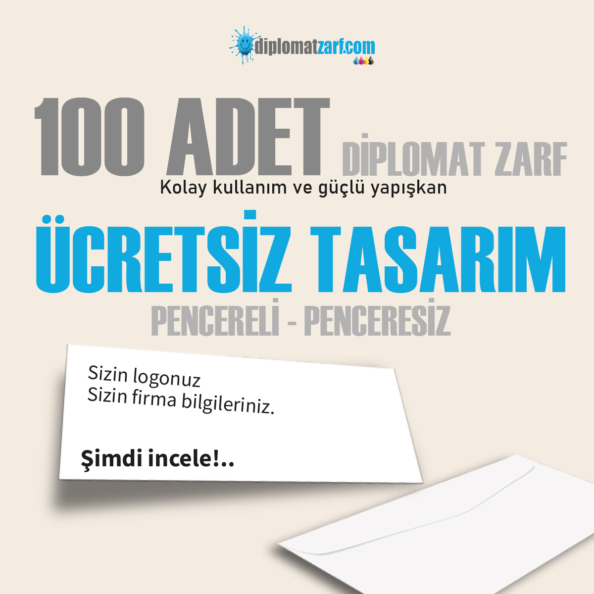 Baskılı Diplomat Zarf, 100 Adet Renkli Baskı, Ücretsiz Tasarım & Hızlı Teslim