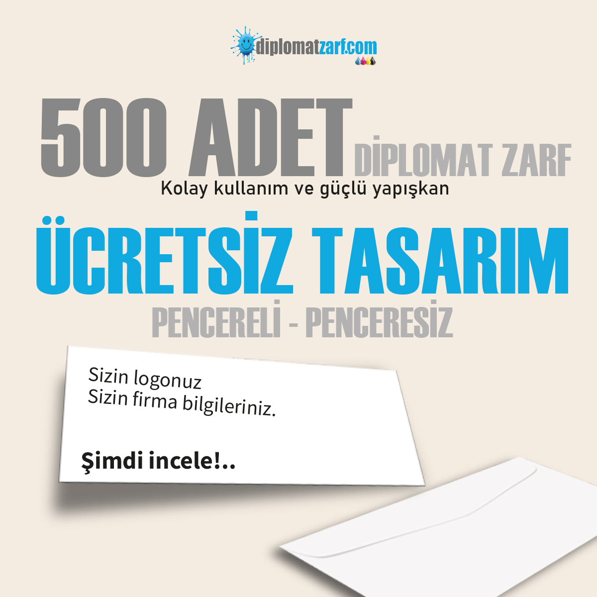 Baskılı Diplomat Zarf, 500 Adet Renkli Baskı, Ücretsiz Tasarım & Hızlı Teslim