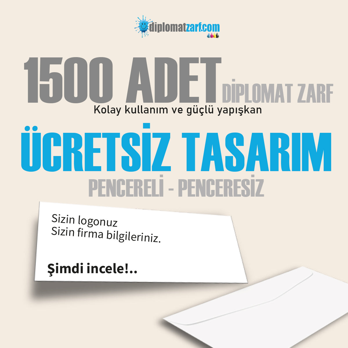 Baskılı Diplomat Zarf, 1500 Adet Renkli Baskı, Ücretsiz Tasarım & Hızlı Teslim